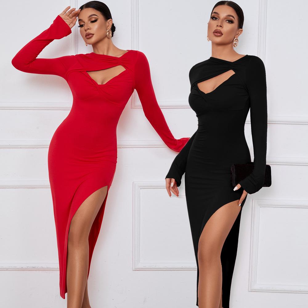 

2024 Trendy Women s Slim Fit Bodycon Dress - Sexy Slit & Long Sleeves M красный