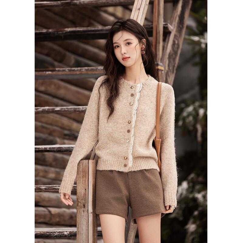 Women s Lace-Trim Round Neck Long Sleeve Sweater M