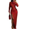 European and American Style Solid Color Women's Clothing Chest-wrapped Pleated Split Hip-wrapped Skirt Perspective Sexy High-necked Long-sleeved Dress