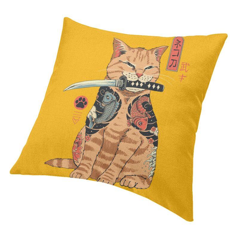 Funny Catana Feline Cat Cushion Cover 35x35 Cm Japanese Samurai Cat Dog Throw Pillow Cases Decoration Salon Sofa Chair Pillows