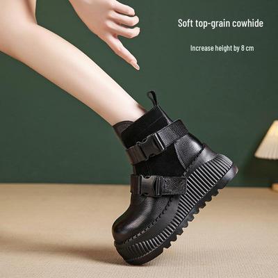Women's Retro Genuine Leather Martin Boots - Height-Increasing, Thick Sole Ankle Boots for Autumn/Winter, British Style.