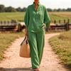 Women's Solid Color Half Placket Stand Collar Half Sleeve Shirt Wide Leg Pant Linen Two Piece Pant Suit