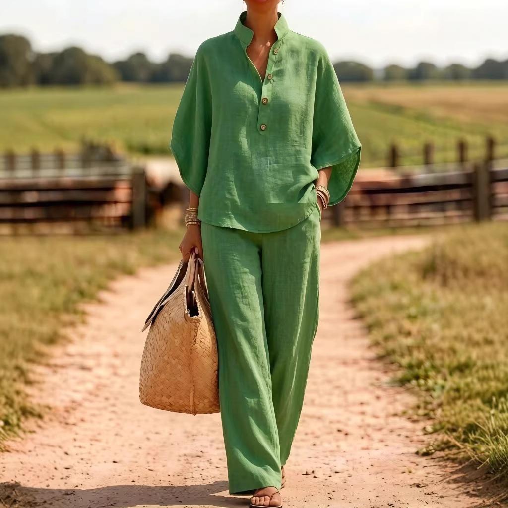 Women's Solid Color Half Placket Stand Collar Half Sleeve Shirt Wide Leg Pant Linen Two Piece Pant Suit