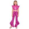 Girls Dance Crop Top with Flared Pants Mock Neck Sleeveless Mesh Rhinestone Ruffle Metallic Outfit Set