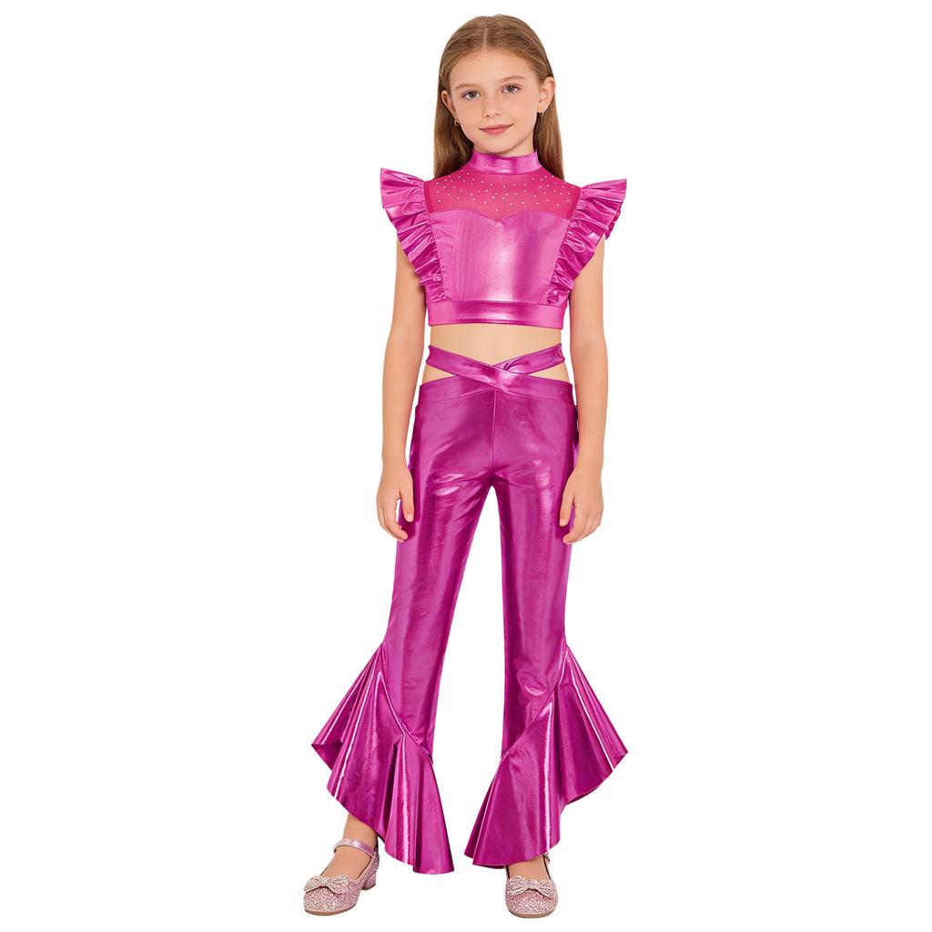 Girls Dance Crop Top with Flared Pants Mock Neck Sleeveless Mesh Rhinestone Ruffle Metallic Outfit Set