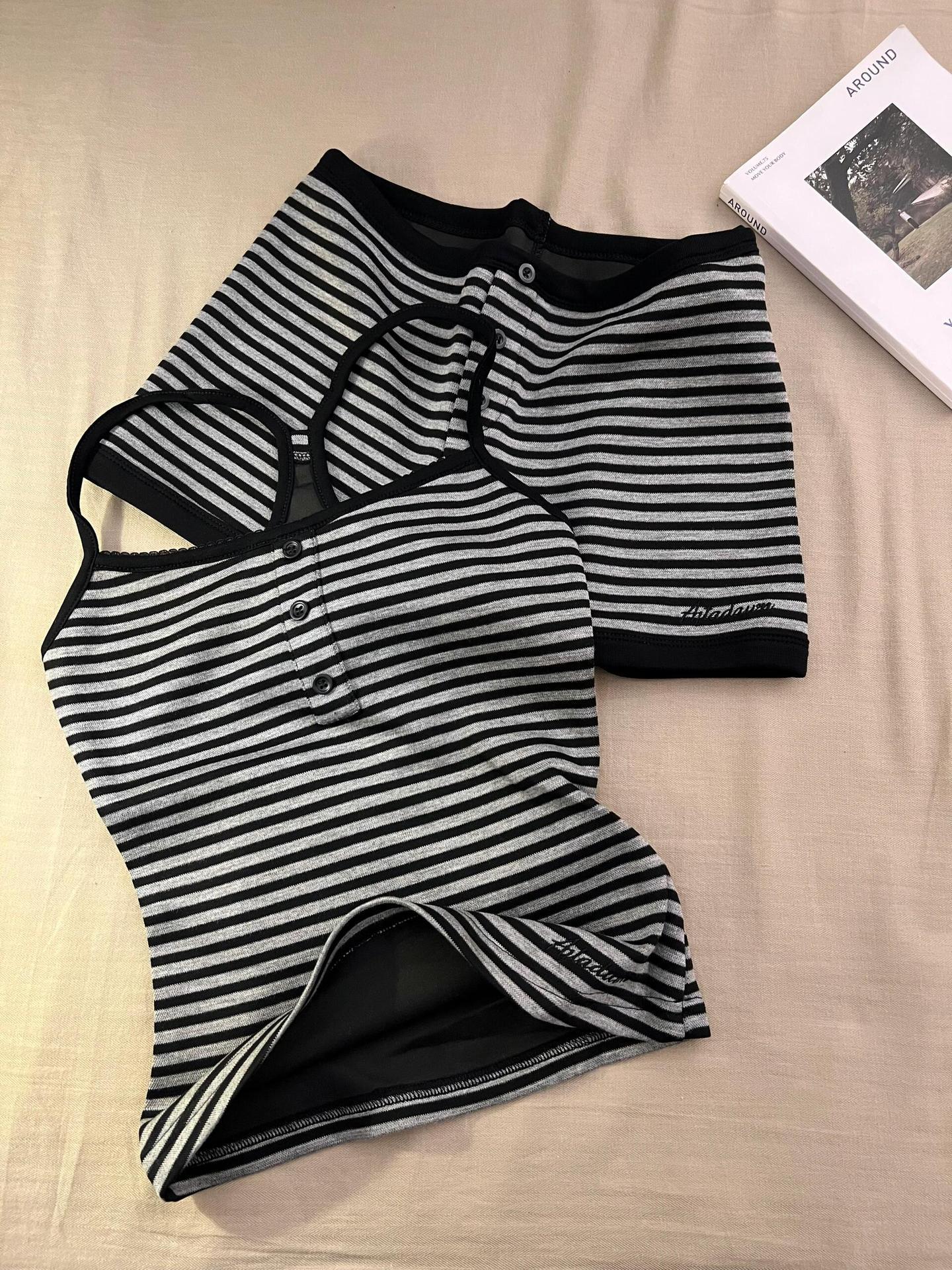 

Korean simple lazy striped suspender pajamas women s summer models can wear slim-fit vest shorts loungewear two-piece set M