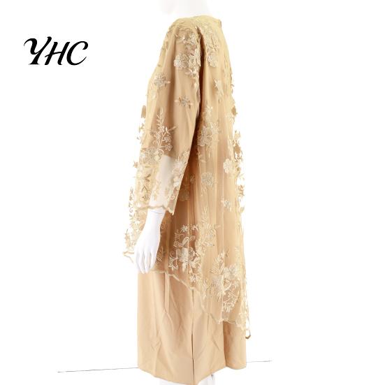 Lady Evening Dress O-neck High-Waist Plus Size Midi Embroidery Lace 3/4 Sleeve Female Clothing