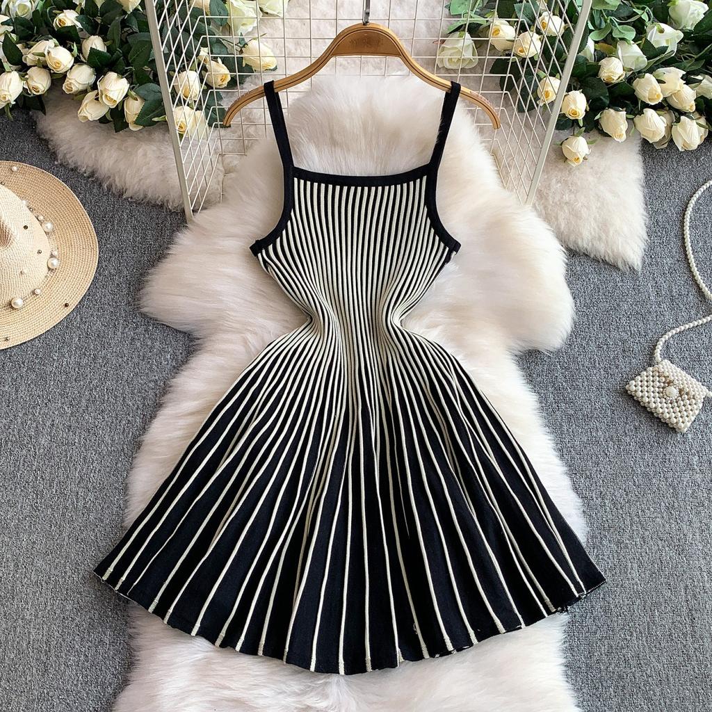 Small man pure desire backless suspender dress women's summer new striped knitted waist thin a word short skirt