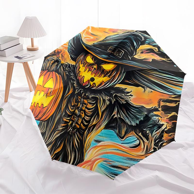 1pc Halloween Pumpkin Scarecrow Automatic Folding Umbrella, Lightweight Retractable Compact Travel Umbrella, 8-Rib Sturdy Frame111