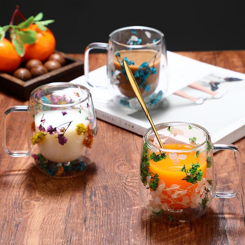 Creative style real flower dried flower double layer glass cup dried flower glass cup office bar home coffee Mug cold drink cup