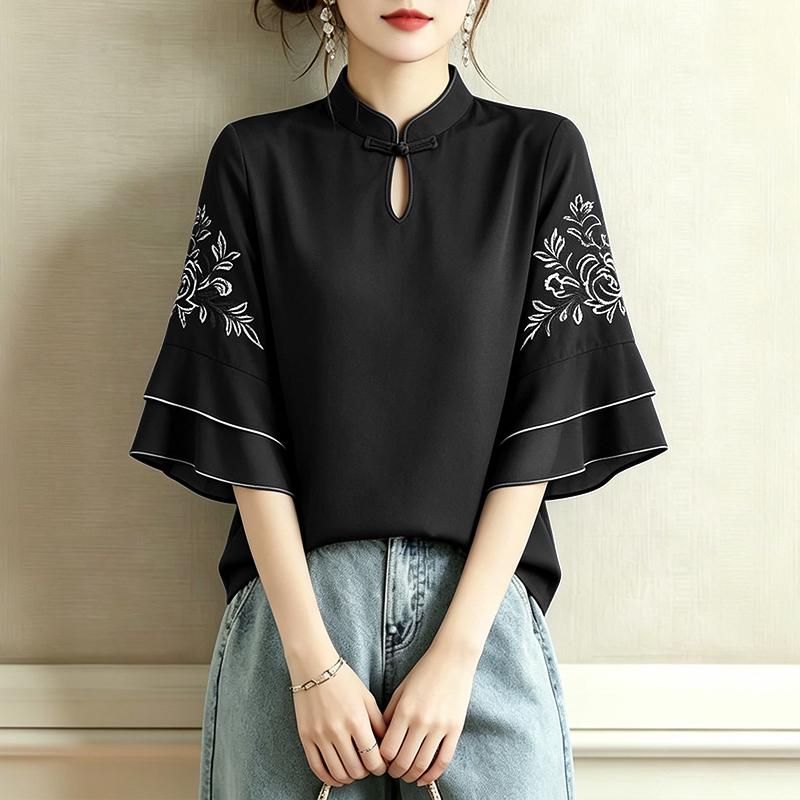 ZANZEA Women Casual Stand Collar Retro Embroidery Splice Half Sleeve Blouse M чёрный