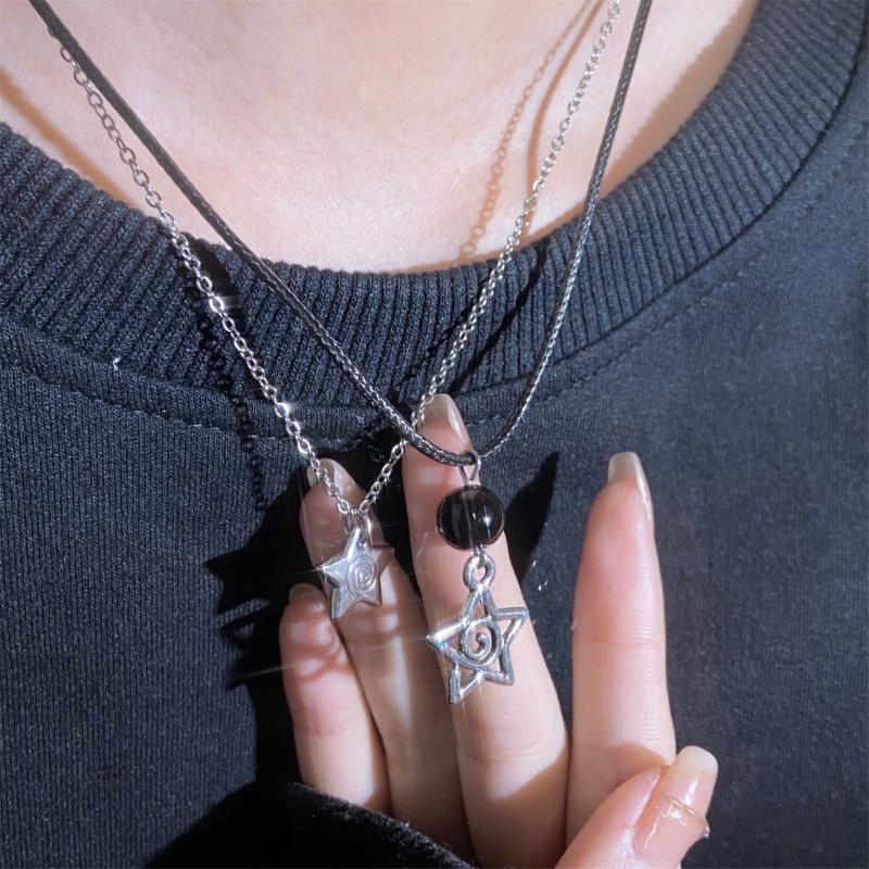 Stylish Black Cord Necklace Five-Pointed Star Pendant Neckchains Adjustable Collarbone Chain Ornament for Daily Wear