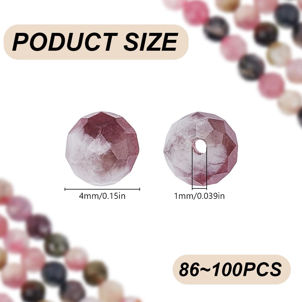 About 90Pcs Faceted Natural Tourmaline Beads 4mm Round Small Gemstone Strands Mixed Color Loose Spacer Seed Beads for DIY Necklace Bracelets Earring