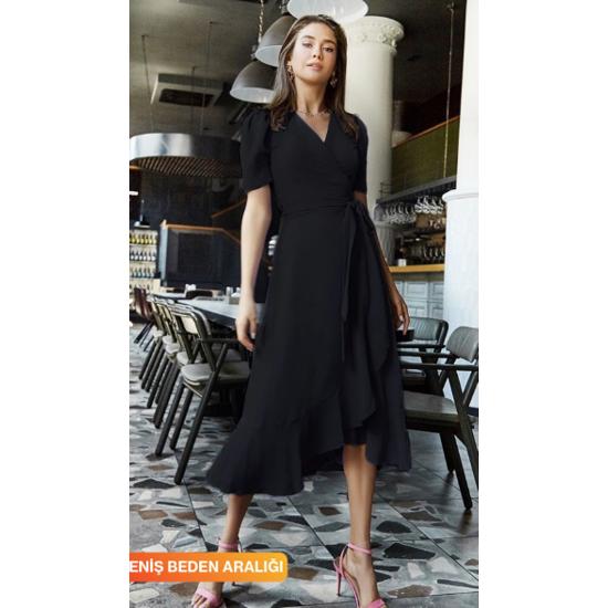 Siyah Kısa Karpuz Kol Kruvaze Kuşaklı Büyük Beden Elbise