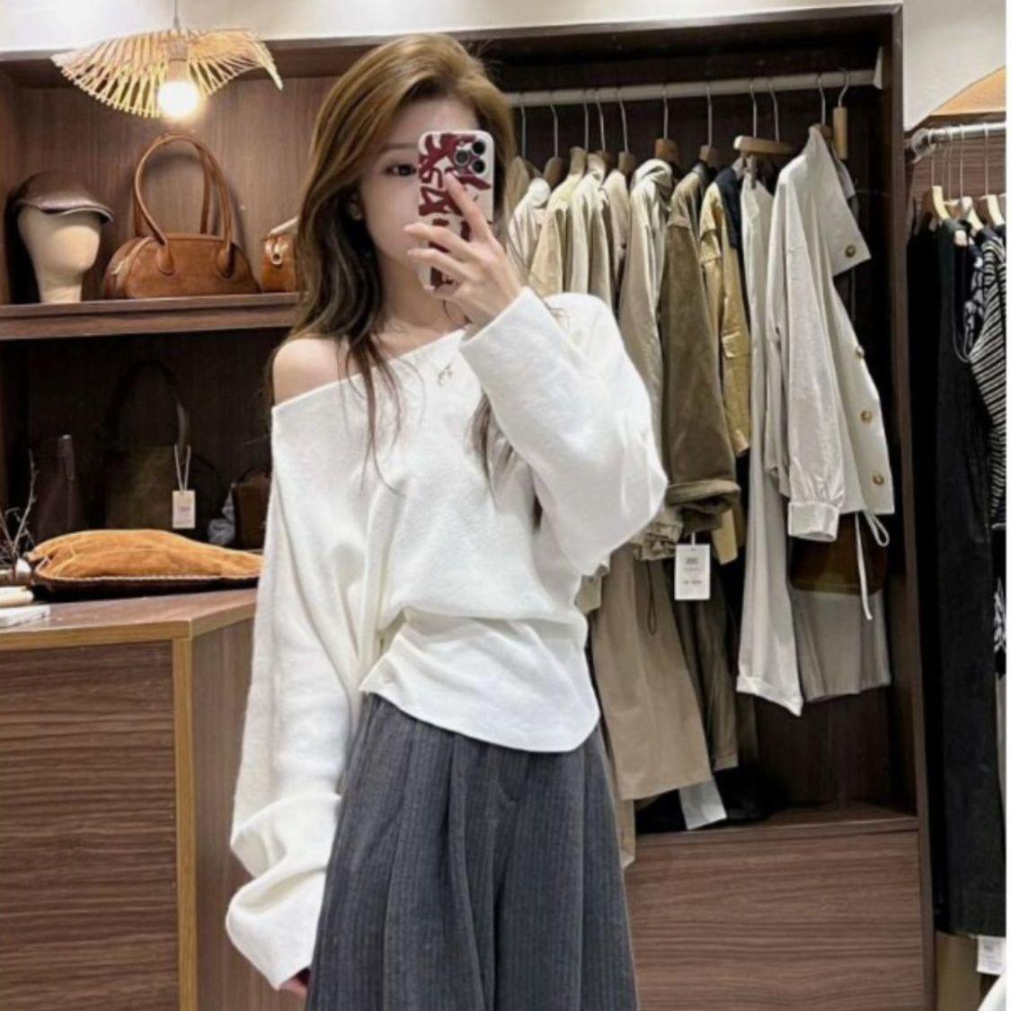 

Красный вязаный свитер на одно плечо для женщин - Осенне-зимний базовый топ облегающего кроя One Size абрикосовый