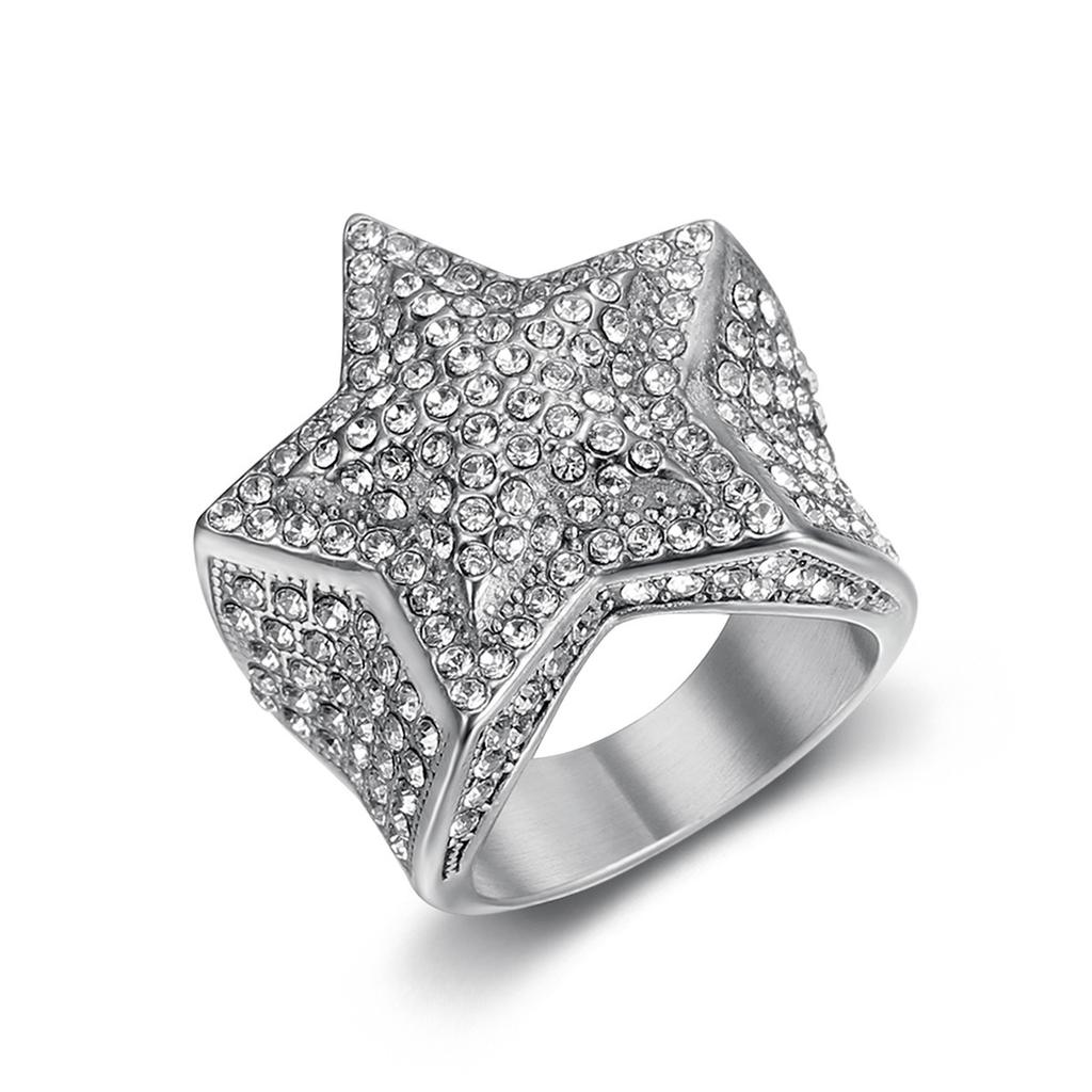 New Hip-Hop Trendy Fashion Light Luxury Ring Personality Domineering Titanium Steel Inlaid Diamond Five-Pointed Star Ring