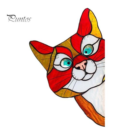 Sunlight Catching Cat Sticker Stained Glass Window Cling, Vintage Colorful Kitty Decal, Removable Static Decor for Door Wall Car, UV-Resistant