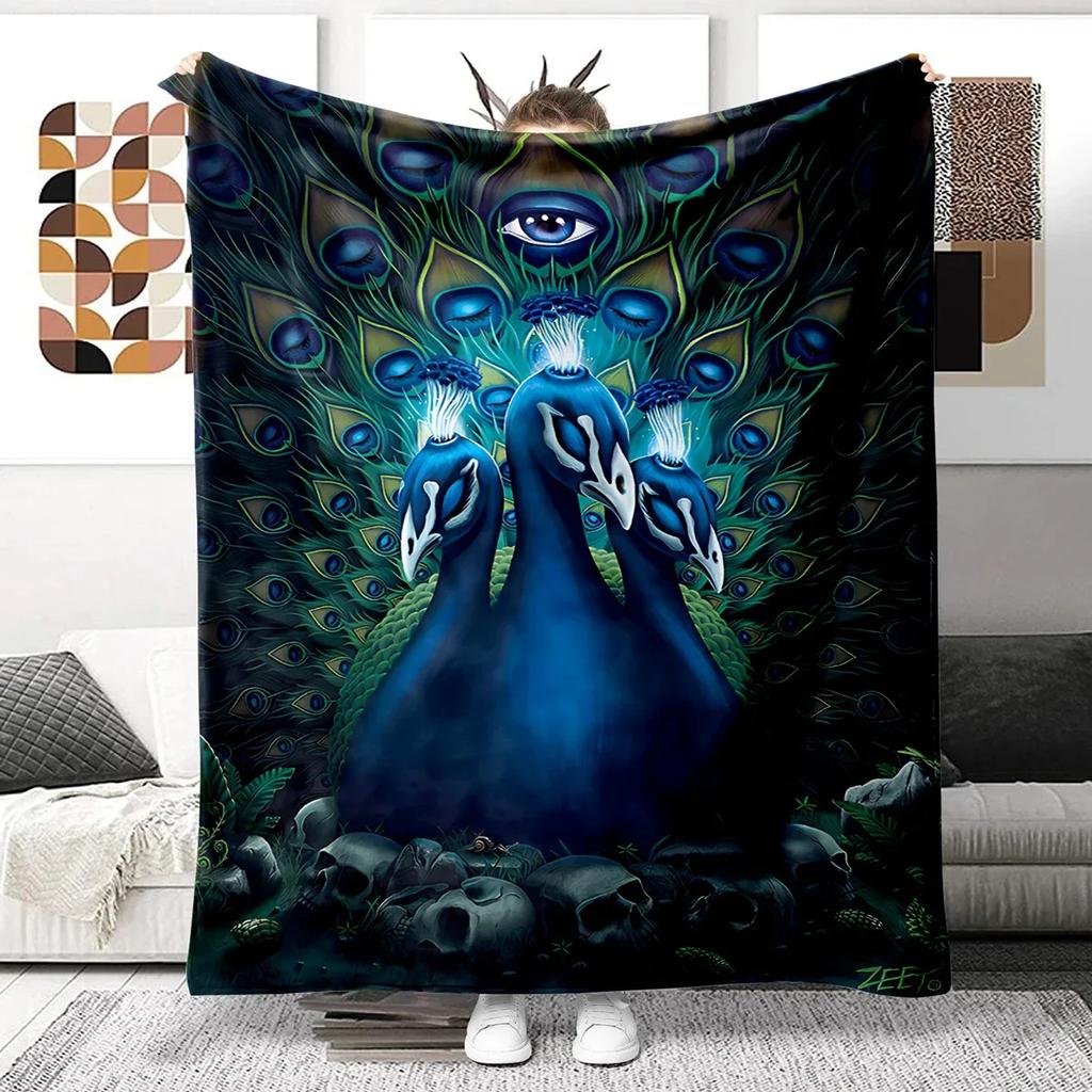 Colorful Peacock Picture Digitalprinted Polyester Bedroom Velvet Flannel Cover Blanket Fleece Soft Sofa Cover Blankets for Beds