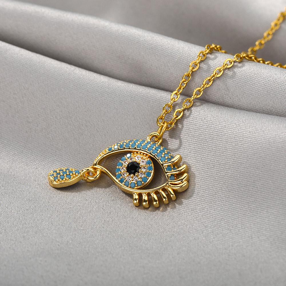 Zircon Blue Evil Eye Necklace for Women Gold Color Stainless Steel Necklace Lucky Turkish Eye Pendants Chain Jewelry Gift collar