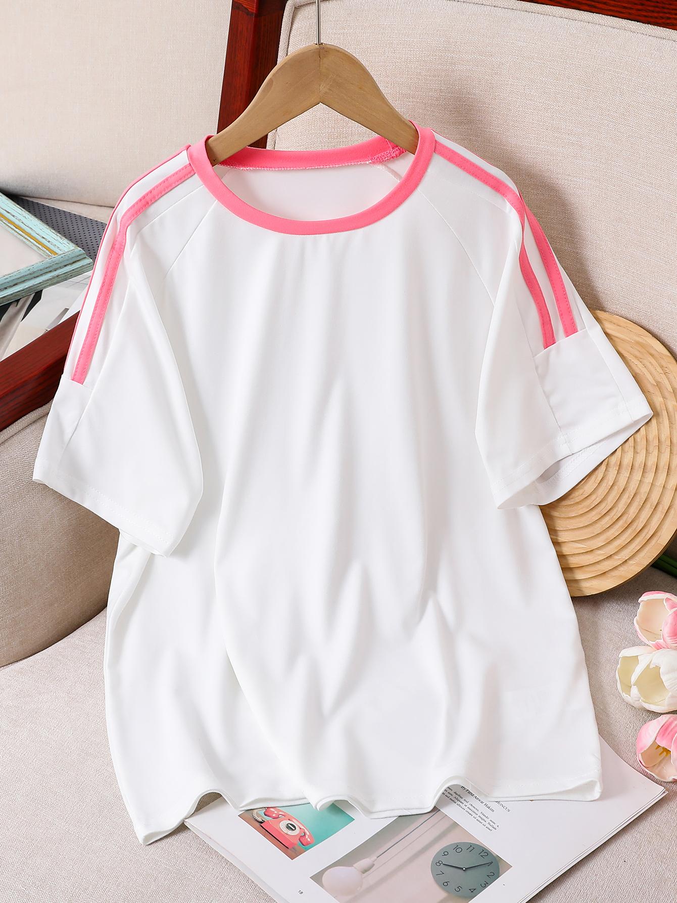 

Single Girl s Casual Two-Stripe Loose Crew Neck Short-Sleeve T-Shirt, Spring/Summer Style 8Y розовый