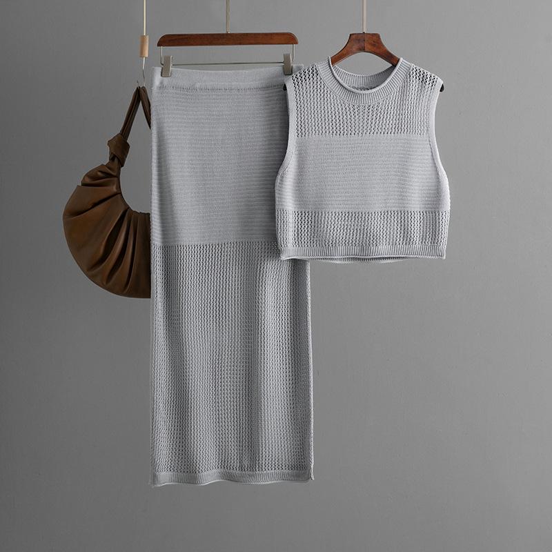 Tailored Hollow Sleeveless Vest Set For Summer Knitted Slit Skirt Two-piece Set