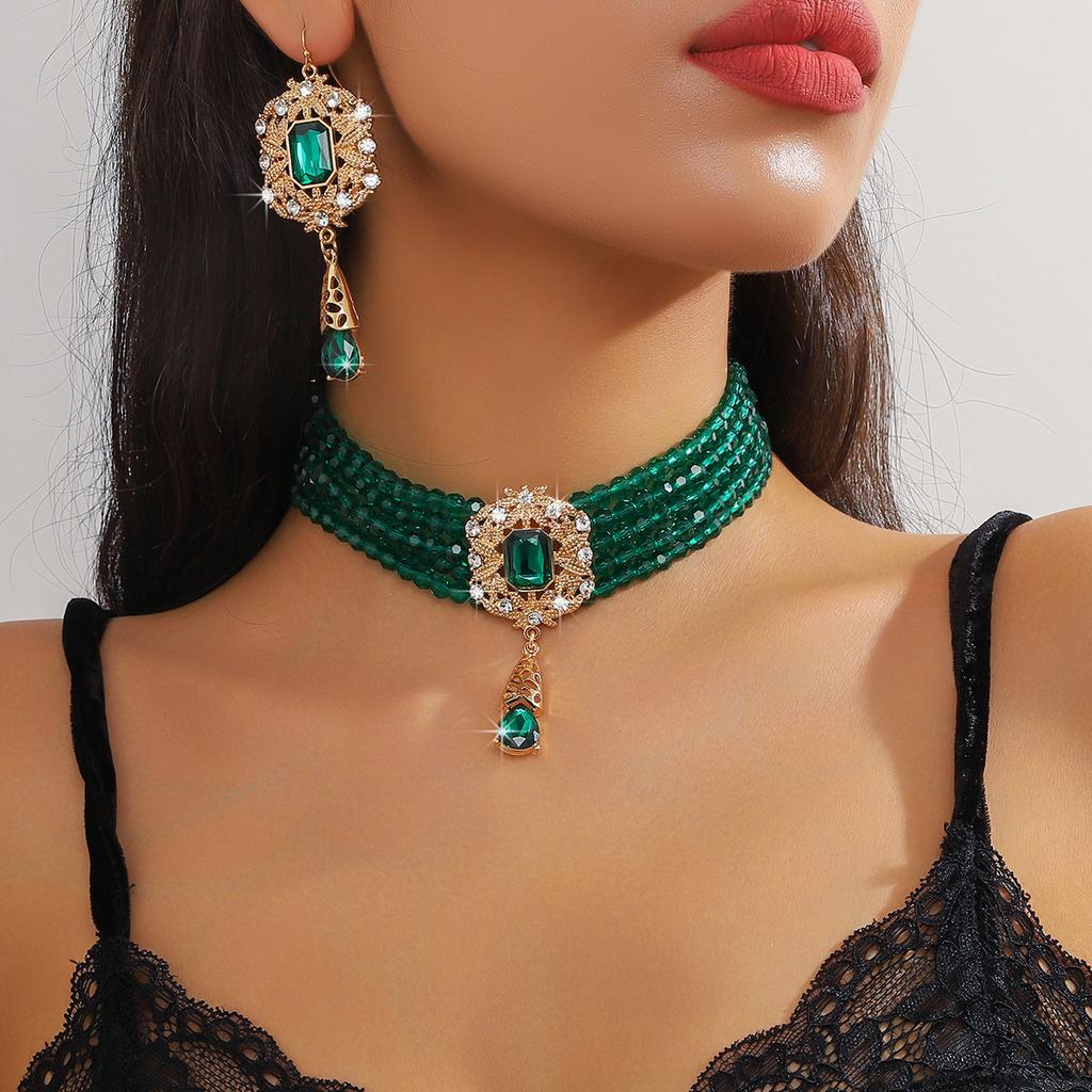 European and American Luxury Multi-layer Crystal Water Drop Pendant Bundle Neck Chain Jewelry Earrings Exaggerated Color Crystal Necklace Women