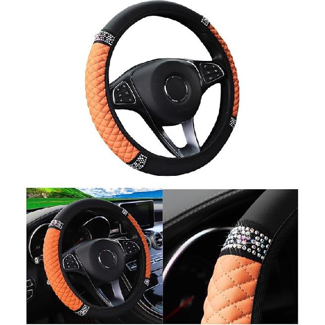Bling Car Steering Wheel Cover, 15 Inch Rhinestones Soft Leather Elastic Steering Wheel Protector, Sparkly Crystal Diamond For Women Girls, Car
