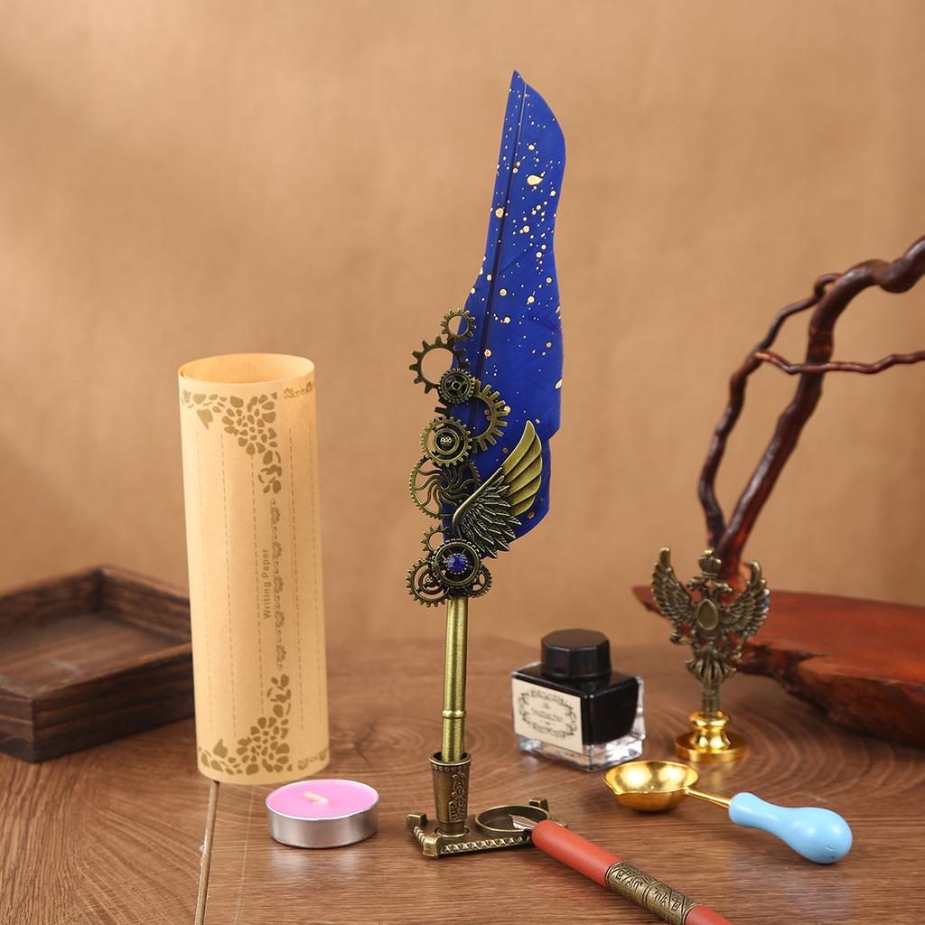 Punk Fjærsett Retro Mekanisk Dryssende Gull Fjærpenn Dyppepennsett Gaveeske Lærerdagsgaver