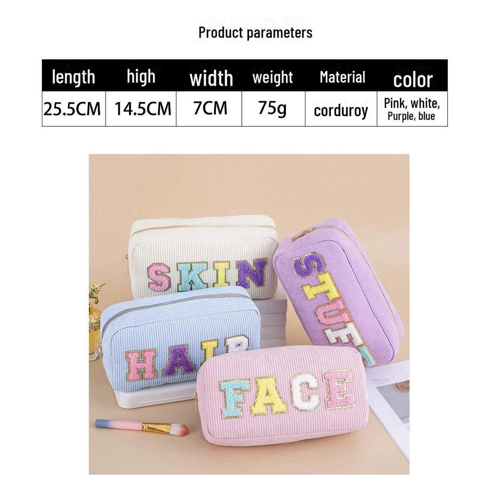 Embroidered Corduroy Letter Toiletry Bag - Large Capacity, Portable Cosmetic Storage
