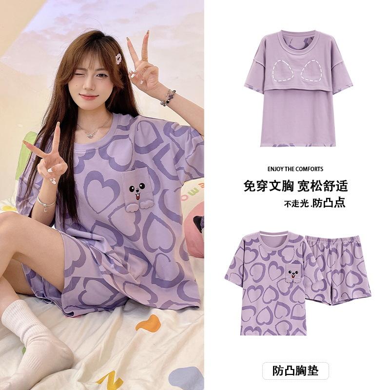 Short-sleeved Pajamas Women's Summer Thin Style with Chest Pad Cartoon Girl Student Loungewear Can Be Worn Outside the Suit