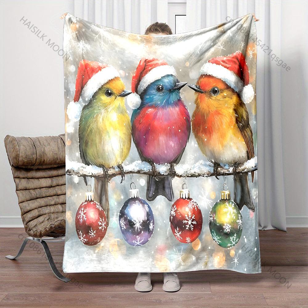 Festliche Vögel mit Weihnachtsschmuck Muster Decke Flanell Material Weich Warm für Alle Jahreszeiten, Zuhause Outdoor Camping Picknicks