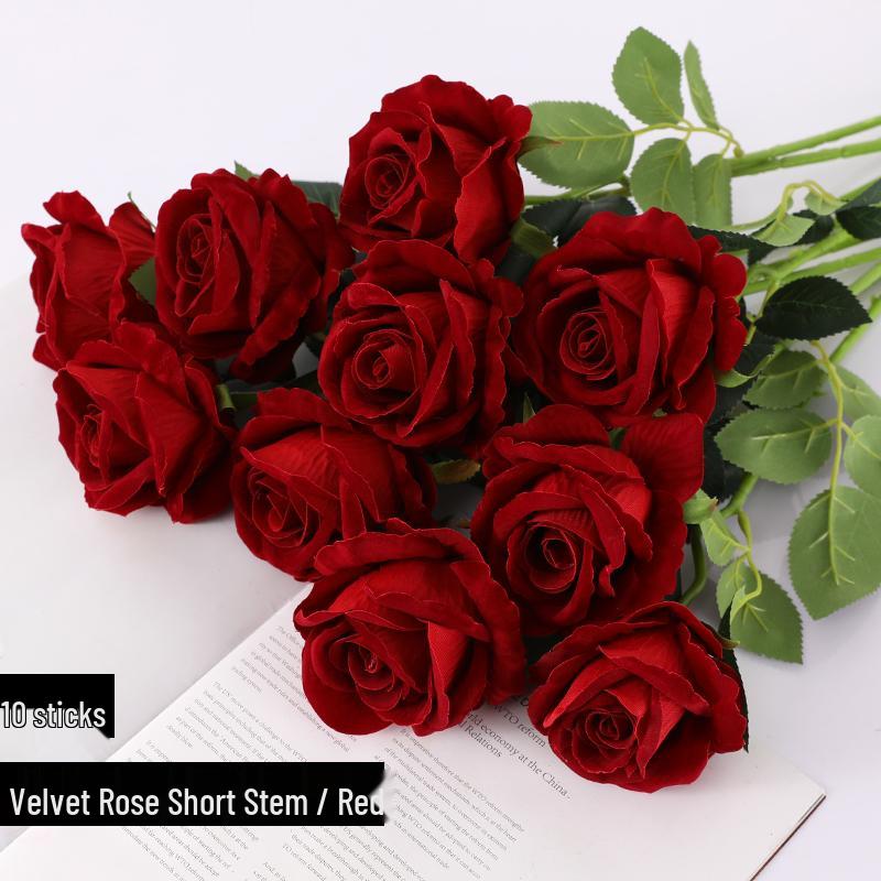 Red Velvet Rose Artificial Flowers - 10 Long Stems for Living Room or TV Cabinet Decor