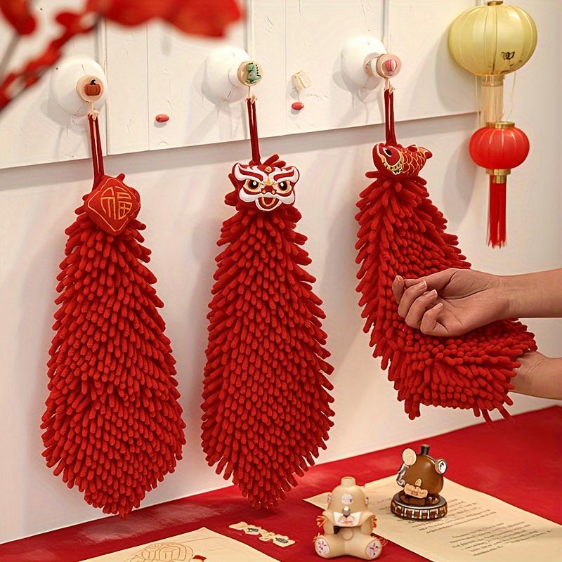 3 Stück, Festliche Handtücher in Tiefrot, Weiche Handtücher im chinesischen Stil mit Löwentanz- und Fu-Zeichen-Design, Geeignet für Küche, Badezimmerzubehör