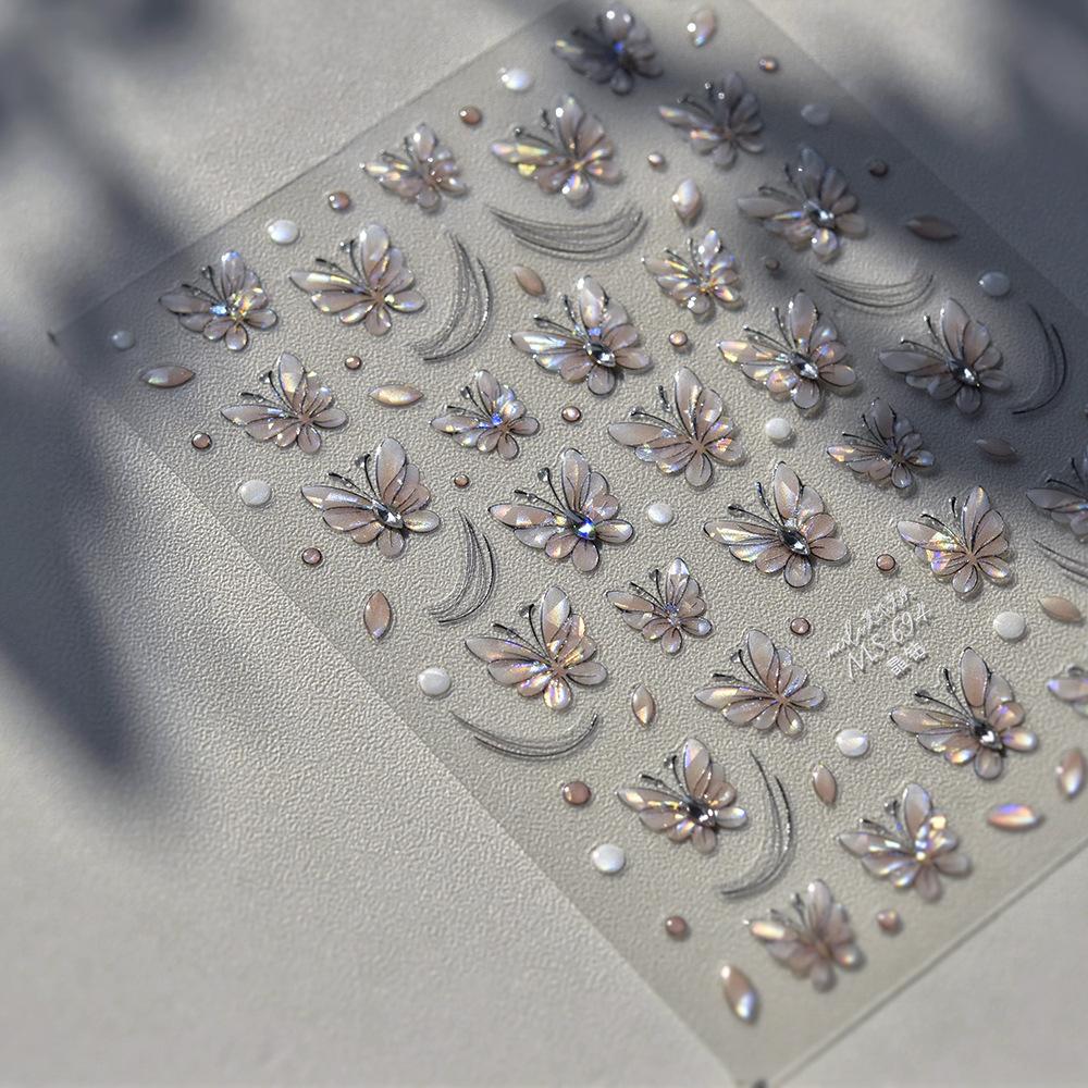 1 Piece 5D Retro Colorful Hand-painted Butterfly Nail Stickers Shell Light Butterfly Rhinestone Soft Relief Nail Art Stickers