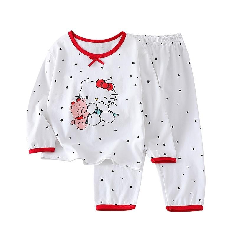 Girls Ice Silk Princess Pajamas Cute Cat Print Summer Air Conditioner Clothes Spring Autumn Thin Kids Home Sleepwear