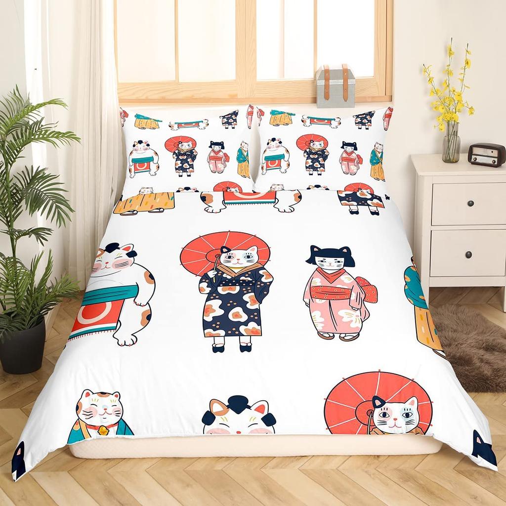 Cute Cat King Queen Duvet Cover Kitten Bedding Set Purple Floral Butterflies Polyester Quilt Cover Pet Animal Comforter Cover