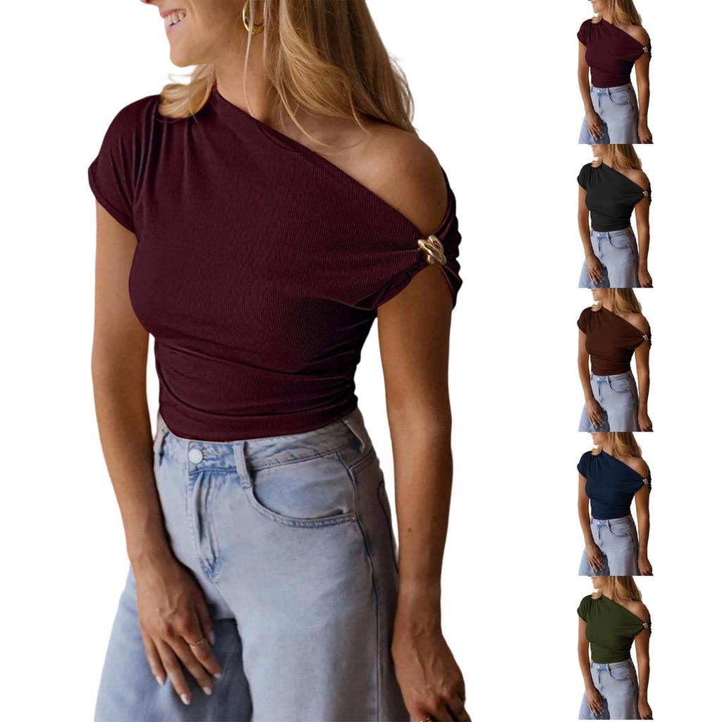 Women’s Asymmetrical Neck Short Sleeve Top with Ribbed Knit Fabric Fitted Pullover Tee Shirt for Casual Wear