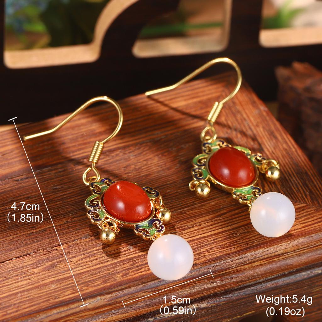 Antique new Chinese style flower fringed pearl earrings Hanfu accessories earrings imitation Hetian jade green agate temperament ear hook