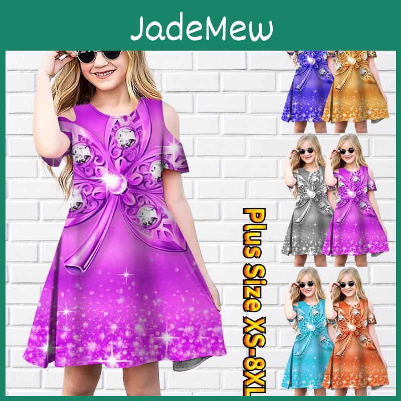 Print Pentalobe Dresses Floral Girls Kids Girl Party Off Shoulder Dress Princess Dress Short Sleeved Dress For Girl Over 4 Years