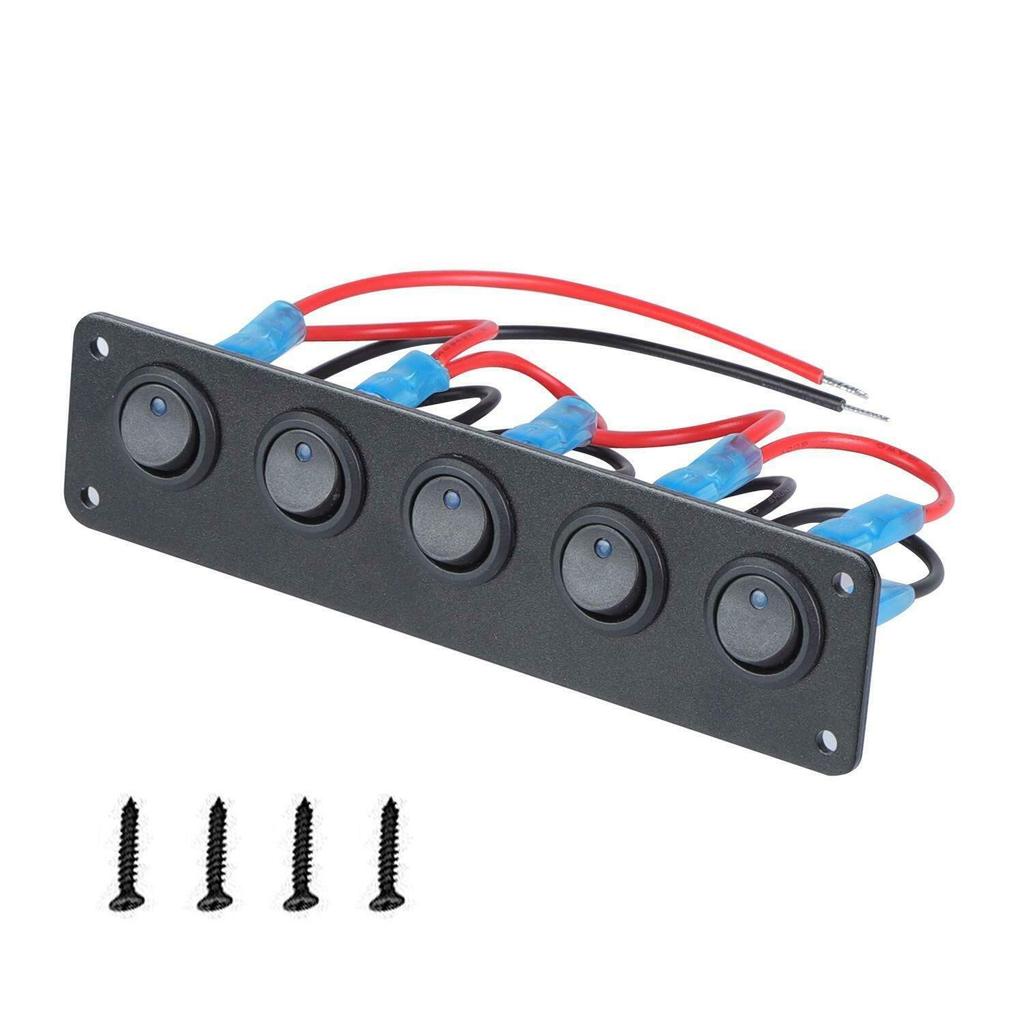 12V Rocker Switch Panel Circuit Breaker Waterproof 5 Gang 3 Pin On/Off Toggle LED Switches for RV Marine Car Vehicle Trailer Truck SUV Boat RV Ship
