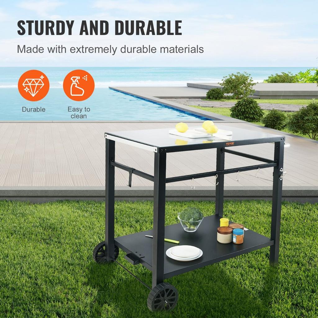 Outdoor Grill Dining Cart with Double-Shelf, BBQ Movable Food Prep Table, Multifunctional Iron Table Top, Portable Modular Carts for Pizza Oven,