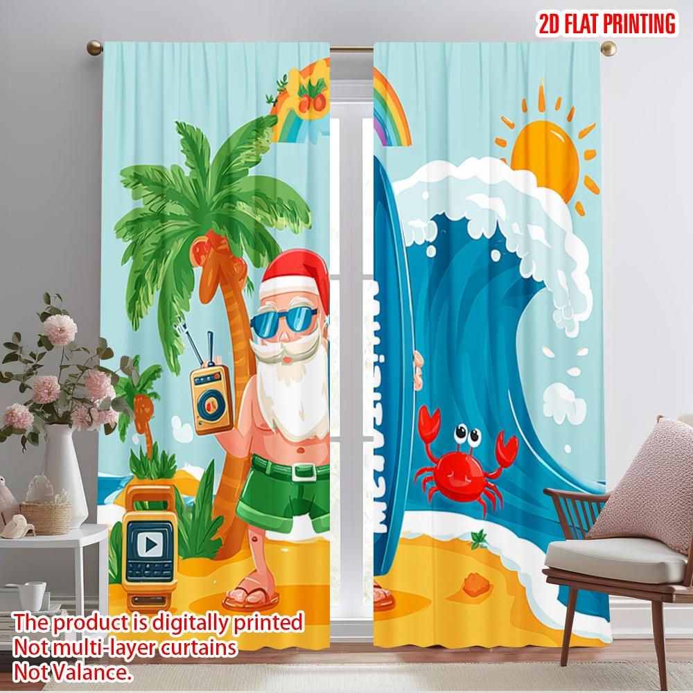 2pcs,2D Plane Printing Creative Curtains Santa Surfing Beach Versatile Polyester Fabric (without Rod) Decorations Inside Ldeal