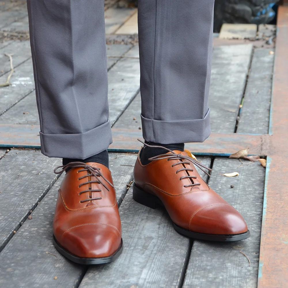 Black Brown Men's Dress Shoes Genuine Leather Cap Toe Oxford Suit Shoes Lace Up Business Office Wedding Formal Footwear Male