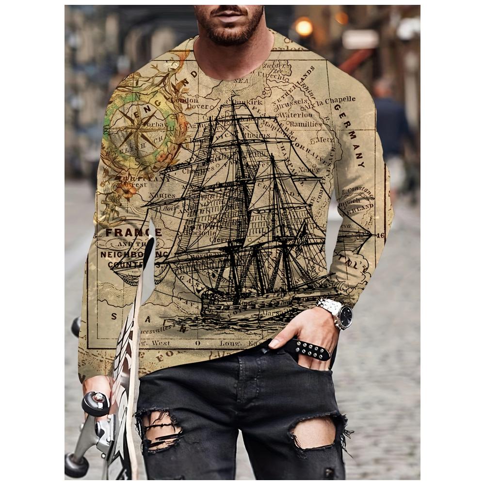 Camiseta de Manga Larga con Estampado 3D de Ancla y Brújula, Top de Primavera y Otoño para Hombre, Retro Street, Oversized, Cuello Redondo