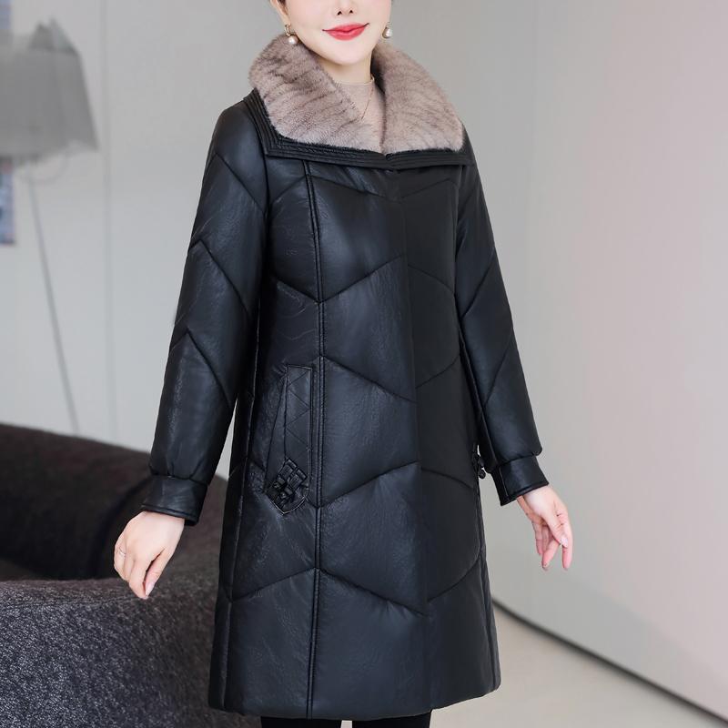 Middle Age Woman Winter Long Faux Sheepskin Coats Fur Collar Elegant Thick Warm Winter Parkas Female Leather Jacket