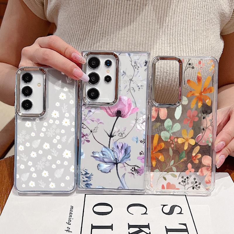 Luxury Flowers Print Case For Samsung S26 Ultra S25 FE S24 S23 Plus S22 S21 A15 A16 A17 A26 A35 A36 A37 A55 A56 A57 5G Plating Lens Clear Soft Cover