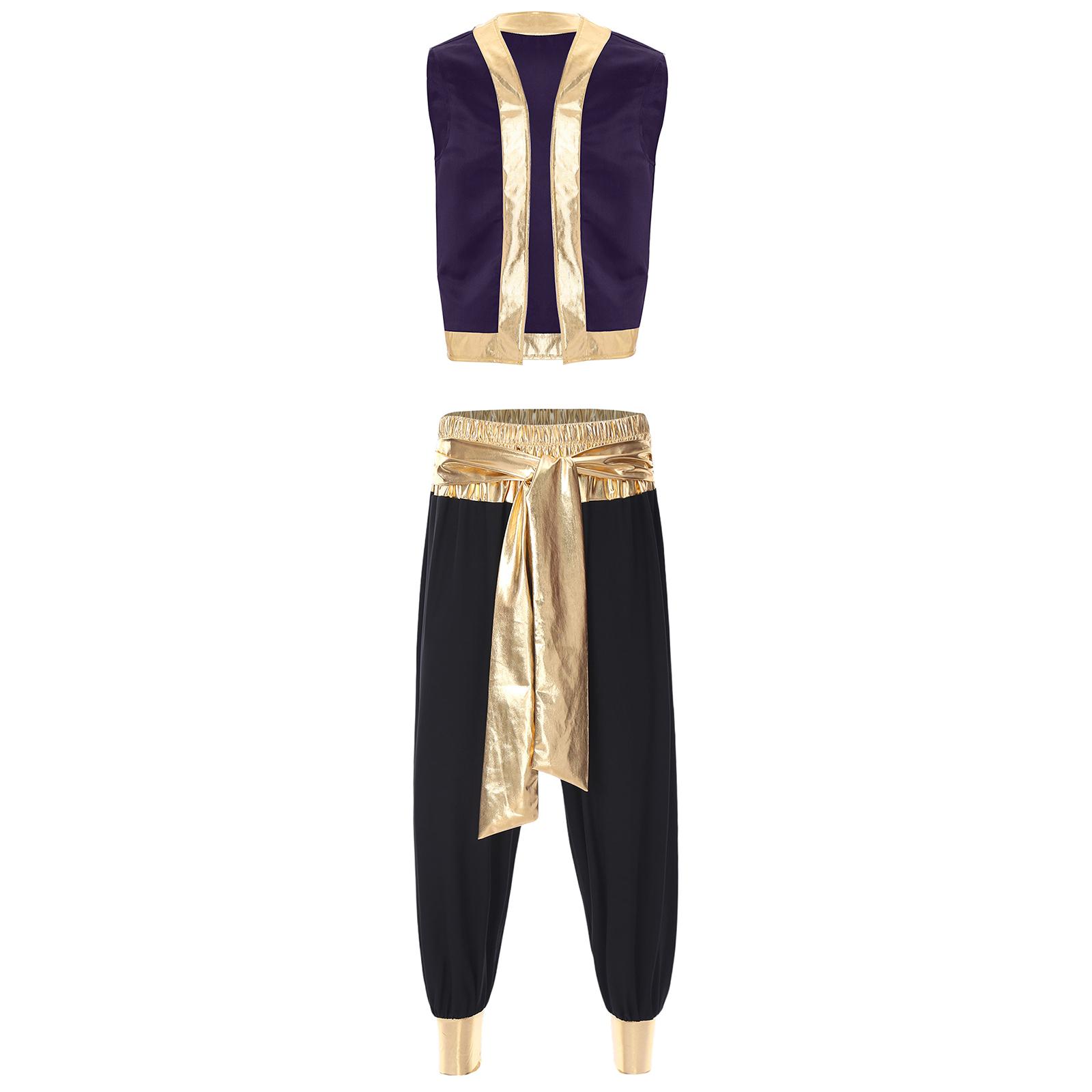 

Чоловічий костюм арабського принца з металевою обробкою, відкритий жилет, довгі штани, набір для вечірок на Хелловін XXL фіолетовий/чорний