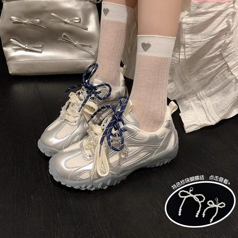 Uncle Wen has the same spot casual shoes for women's 2025 new models with pearl bow thick-soled inner height-increasing German training shoes for wom
