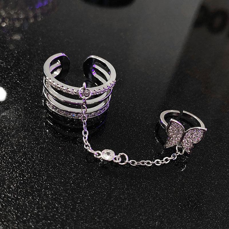 Trendy Personality Double Finger Chain Rings For Women Girls Tassel Butterfly Punk Rings Ladies Fashion Hip Hop Jewelry Gifts