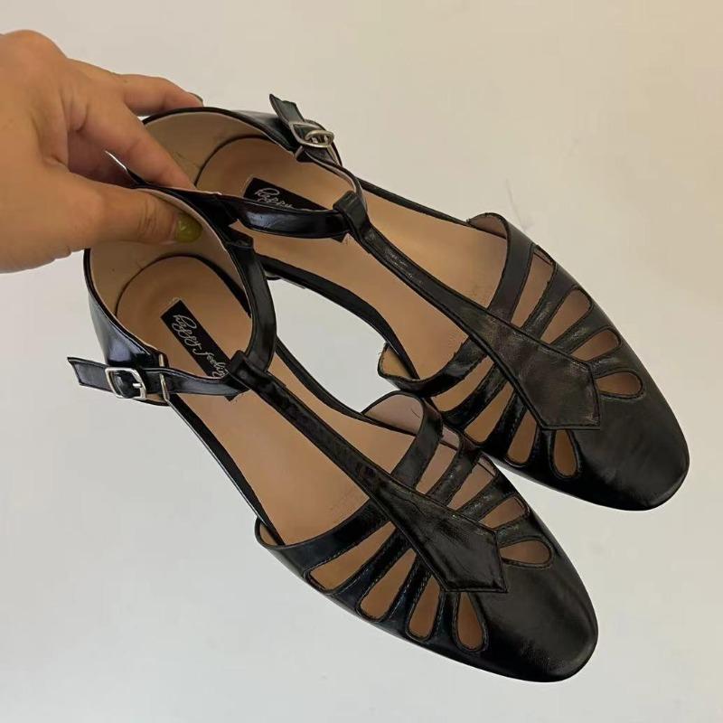 Low Sandals Woman Leather Low-heeled PU Hoof Heels Rome Rubber Fabric Slides Low Sandals Woman Leather Low-heeled Fabric Rome PU